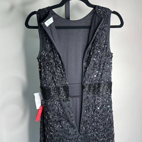 NWT MAC DUGGAL Black Beaded Geometric Embellished Sleeveless A-Line Midi Dress - Picture 12 of 13